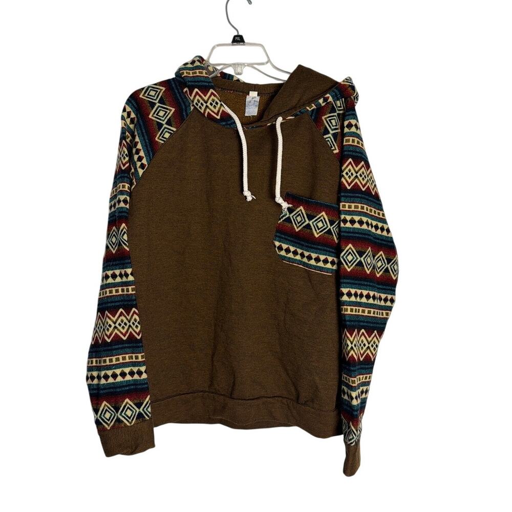 Mens Brown Aztec Print Hoodie Sweatshirt Size XL